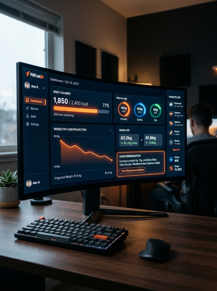 AI fitness dashboard showing calorie deficit calculation