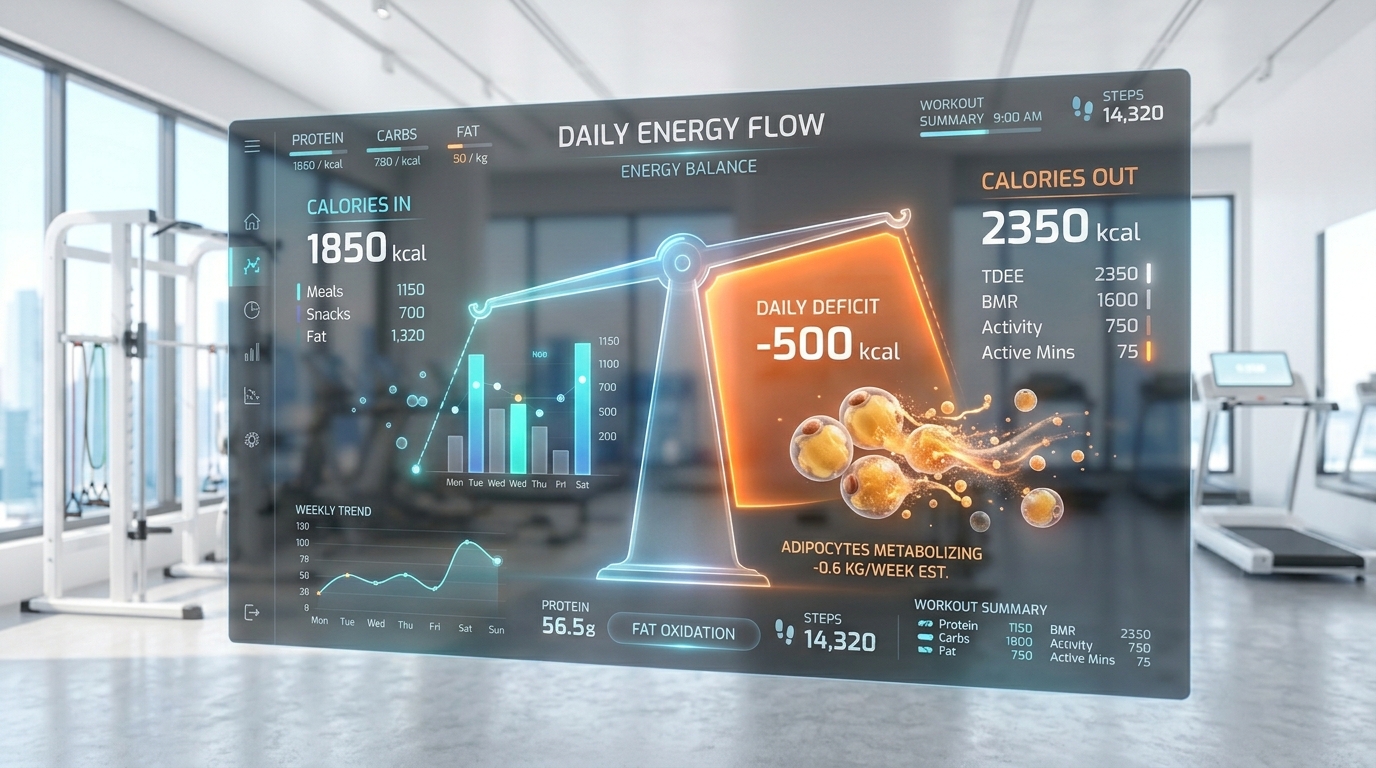 AI fitness dashboard showing calorie deficit calculation