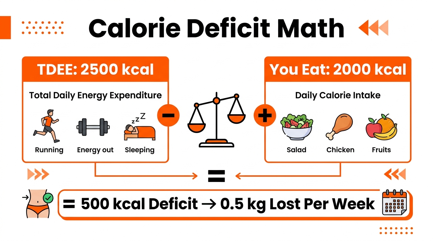 Calorie deficit infographic for belly fat loss — 500 calories per day equals 0.5kg per week